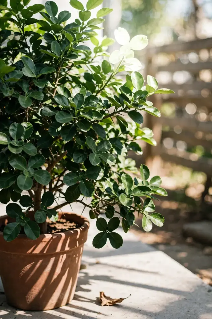 Potted makrut lime tree thriving in full sun on a bright patio