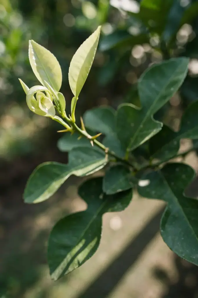 Tender light-green new leaf flush on a young makrut lime tree