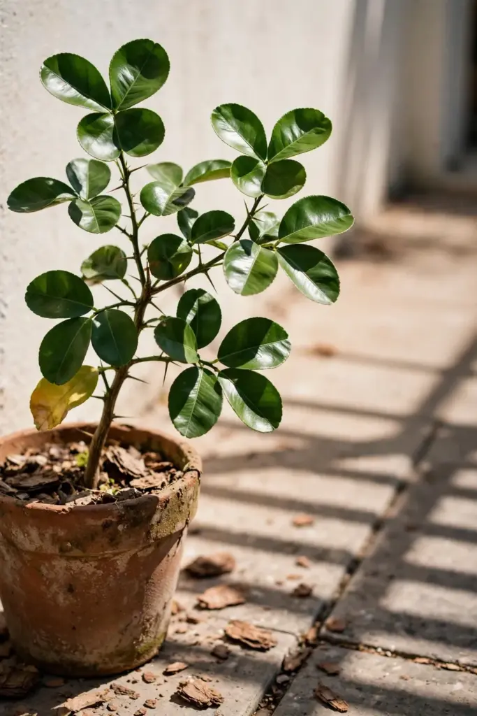 Young makrut lime tree in a terracotta pot against a sunny south-facing wall