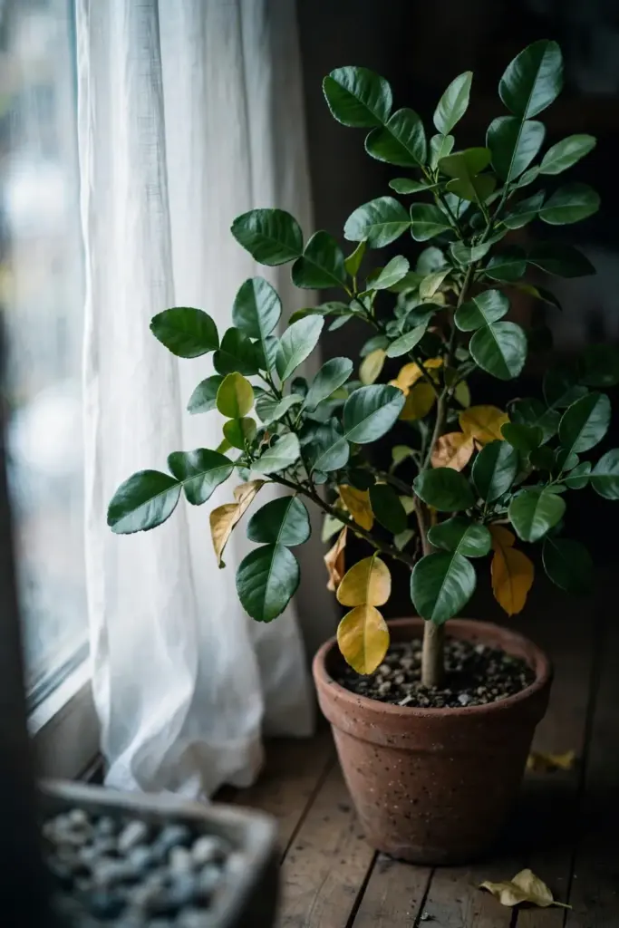 Potted makrut lime tree spending winter beside a bright indoor window