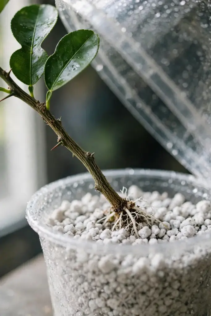Makrut lime stem cutting rooting in damp perlite under a clear humidity dome