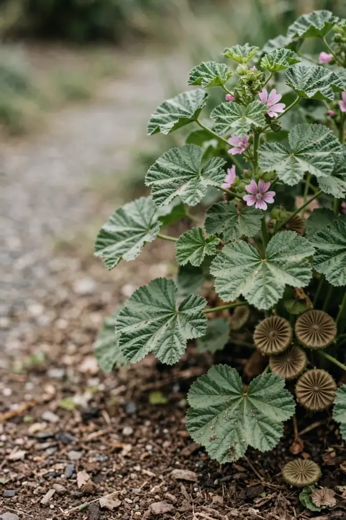 Mallow plant with round leaves, pink flowers, and flat cheese-wheel seed discs