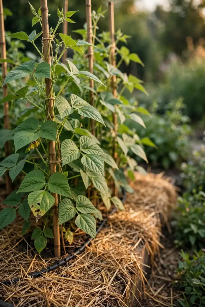 My own bean row thriving with dry leaves and straw mulch despite web blight history.