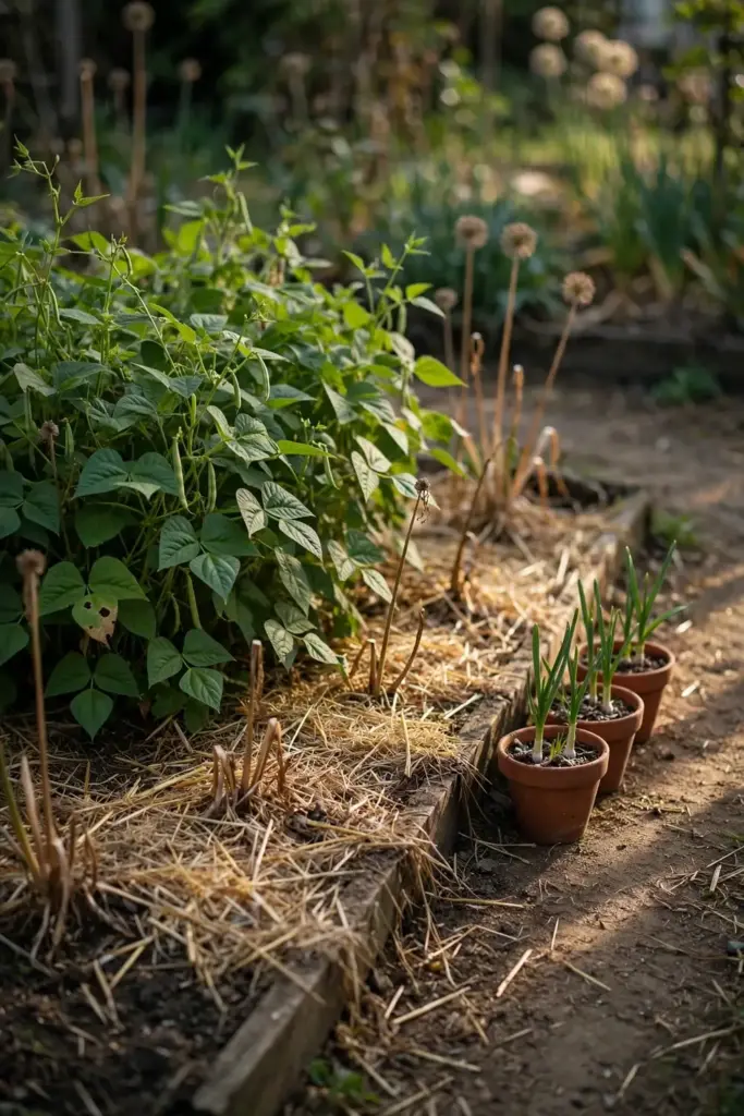 My own bed growing beans and containers of garlic beside a rested allium bed.