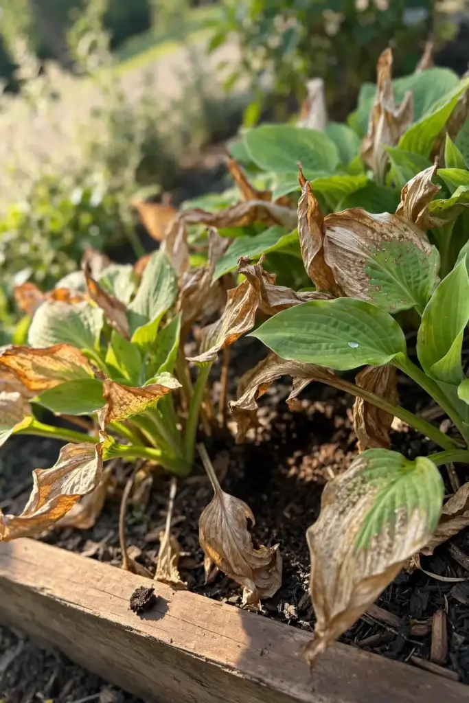 Managed hosta bed with dry foliage and healthy new growth.