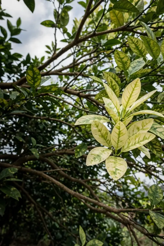 Mottled citrus canopy with pale leaves between green veins