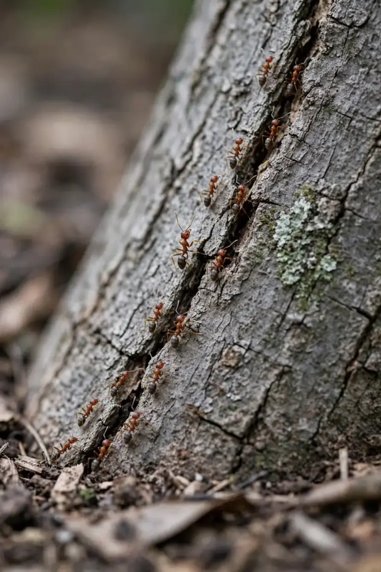 Line of ants running up the bark of a mango trunk
