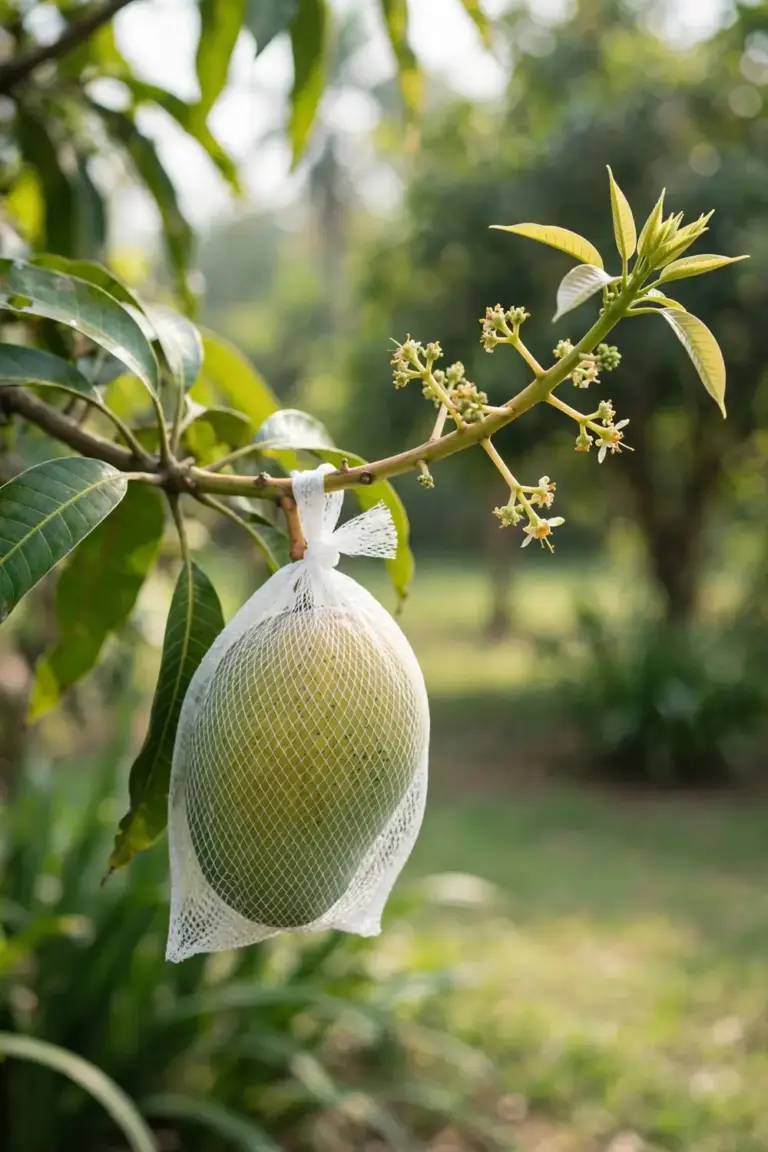 Single mango branch with one bagged fruit and new growth in morning light