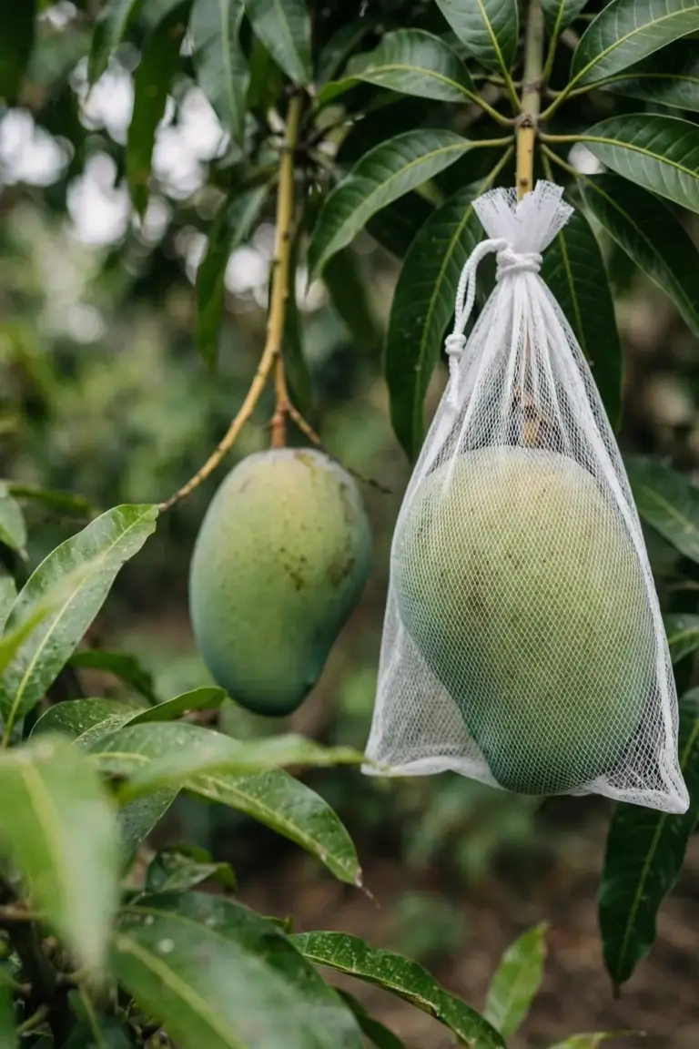 Mango fruit covered by a fine mesh bag tied at the stem on the tree