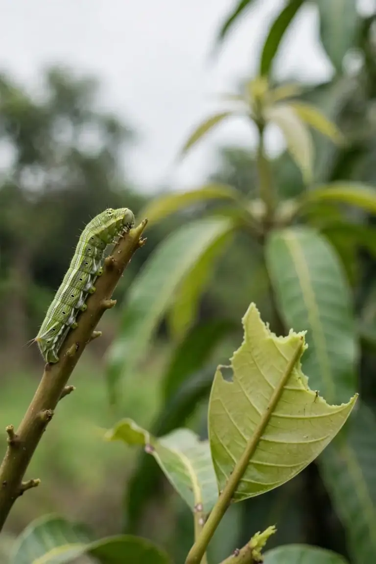 Caterpillar on a stripped mango shoot with chewed young leaves