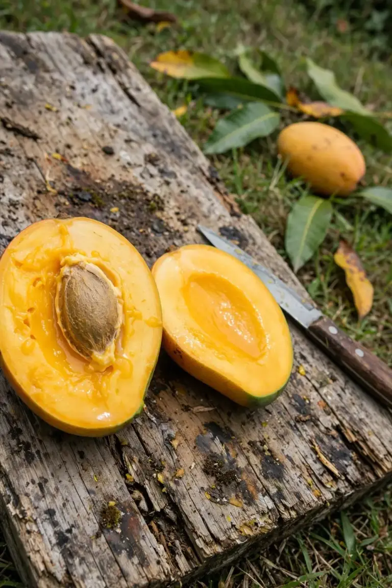Mango cut open on a timber board showing soft flesh inside