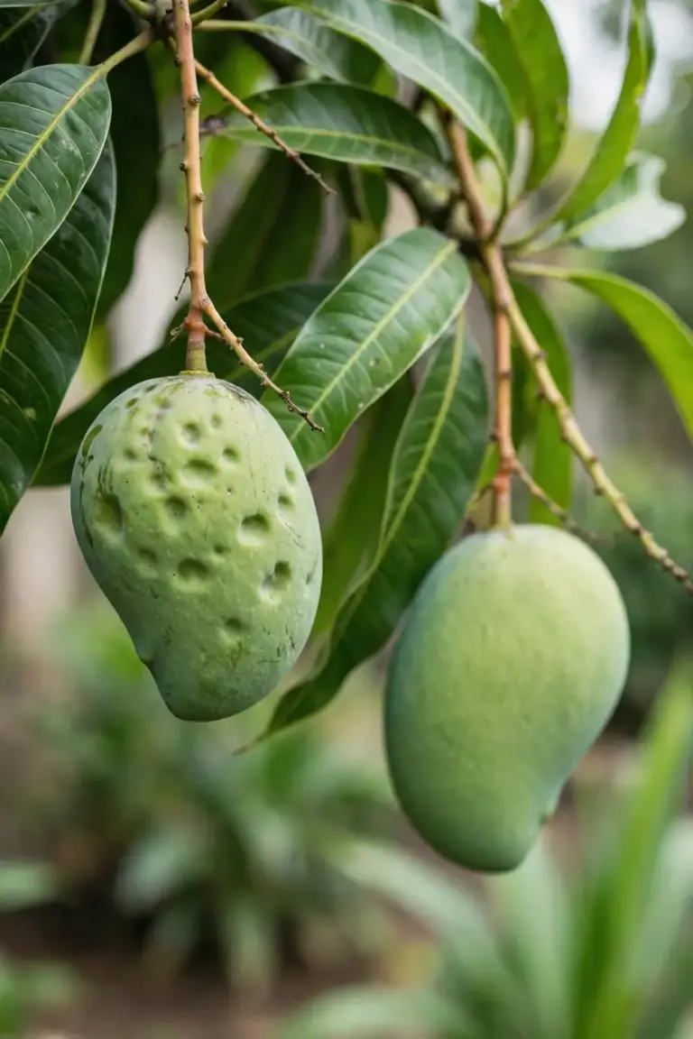Young mango fruit with sunken dimples on the skin still on the branch