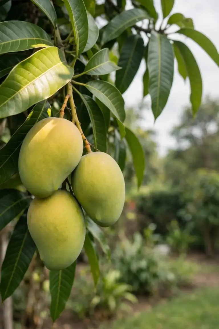 Healthy mango fruit cluster with clean glossy leaves on the tree