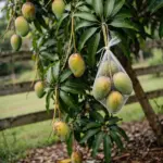 Mango tree with ripening fruit and one mesh bag tied over a fruit cluster