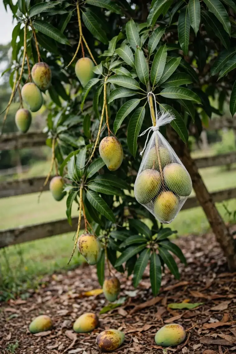 Mango tree with ripening fruit and one mesh bag tied over a fruit cluster