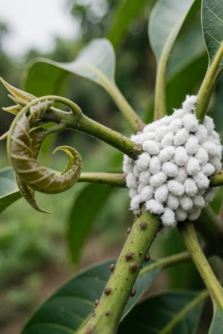 White waxy mealybug colony clustered in a mango leaf joint