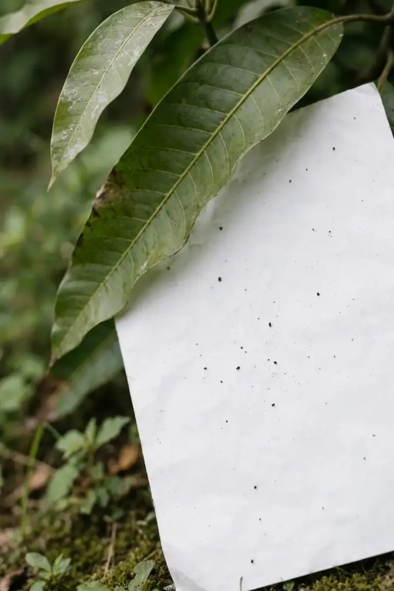 White paper sheet held under a mango leaf with tiny dark specks on it