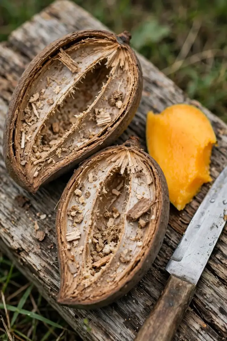 Mango seed split open on a timber board showing a tunnel inside