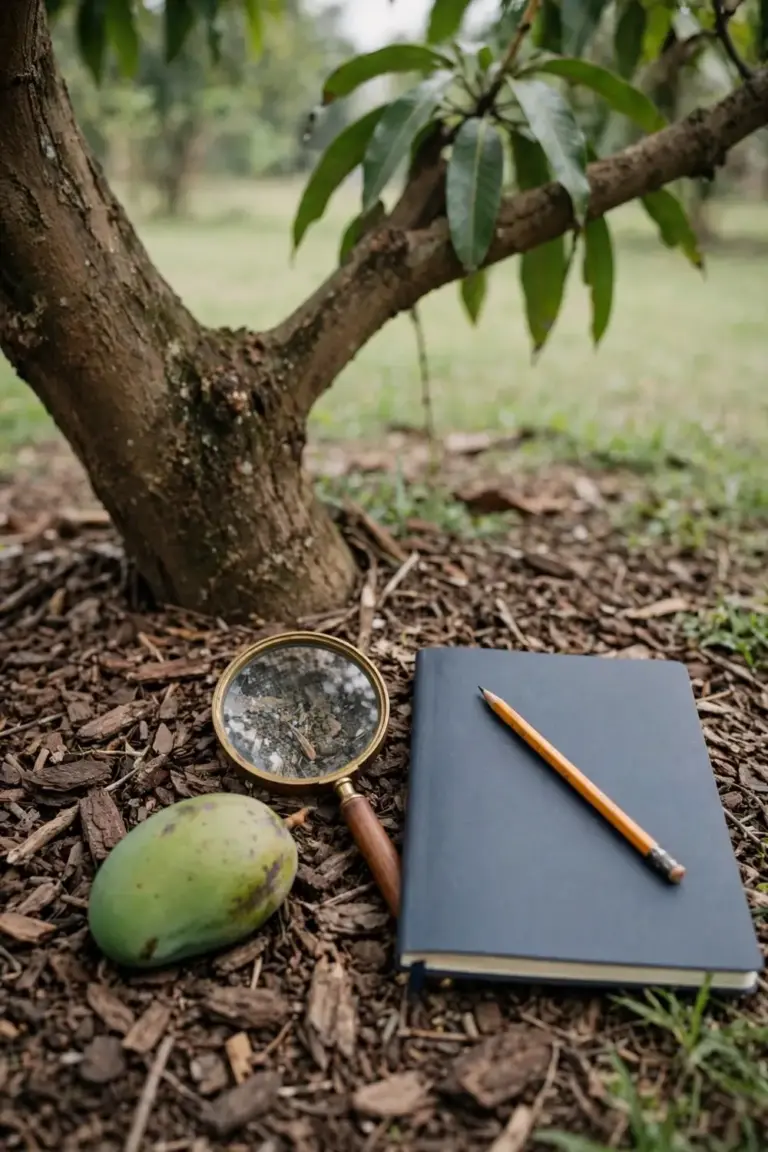 Notebook, magnifying lens and fallen mango resting on mulch under a mango tree