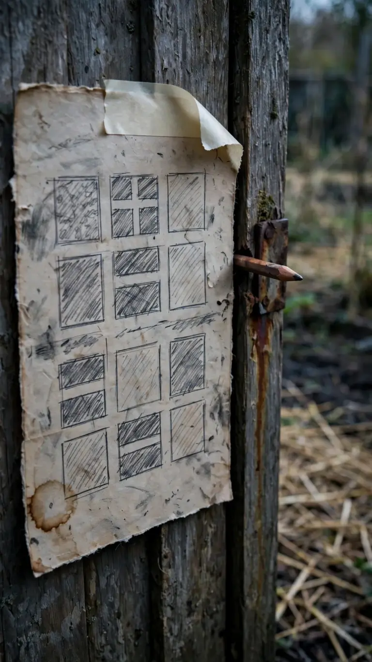 Hand-drawn garden map taped inside a shed door with a pencil stub