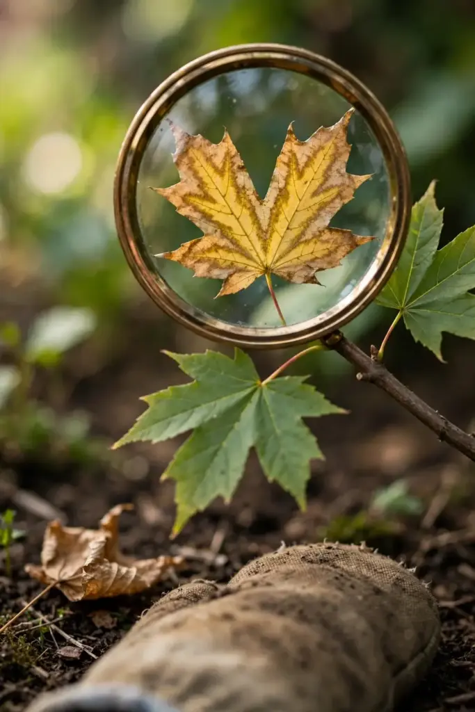 Magnifying glass over a maple leaf yellowing in a V shape from Verticillium wilt.