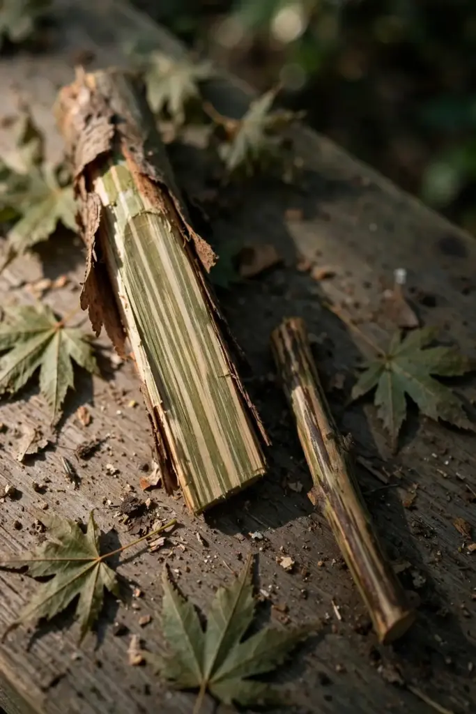 Cut maple branch showing green-brown streaks in the sapwood from Verticillium wilt.