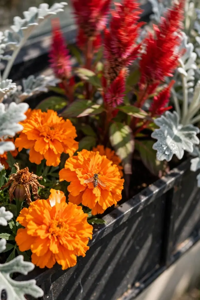 Orange marigolds, red celosia plumes, silver dusty miller in a box