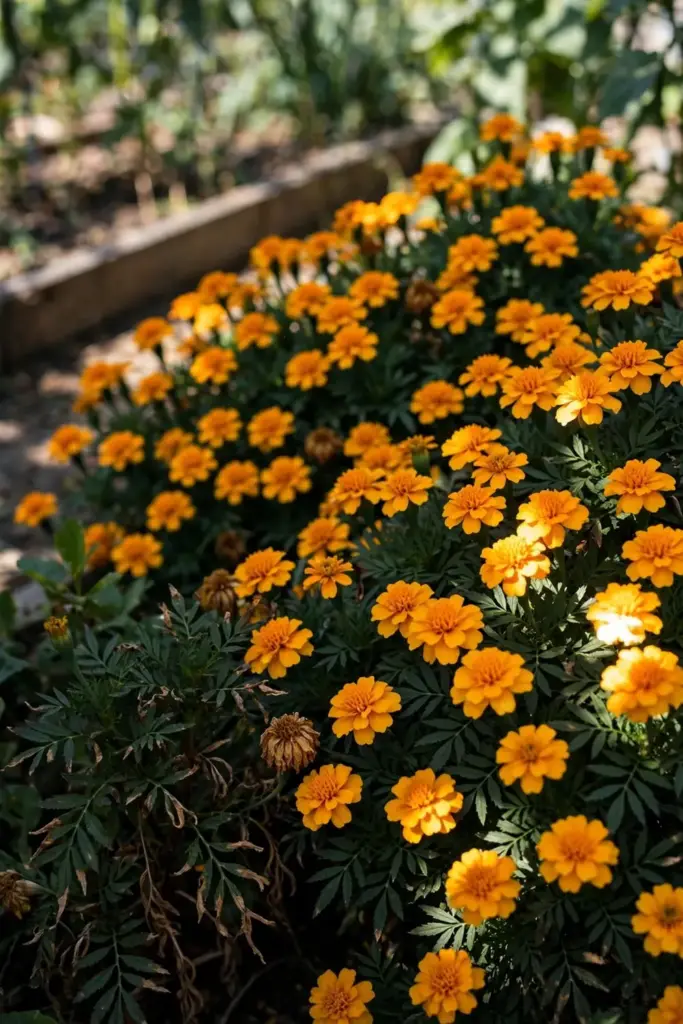 Dense stand of French marigolds with orange-yellow blooms.