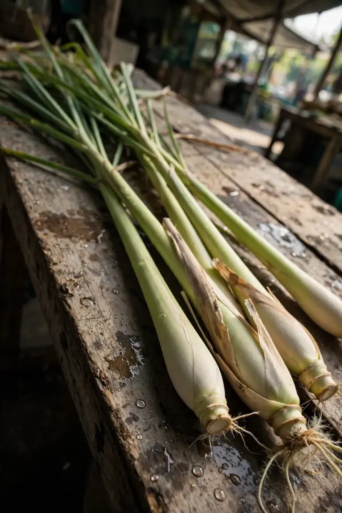 Fresh market lemongrass stalks with plump pale green bases tied in a bunch