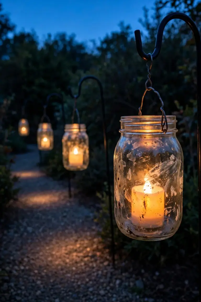 Mason jar lanterns with warm battery candles hanging from shepherd's hooks along a path at dusk