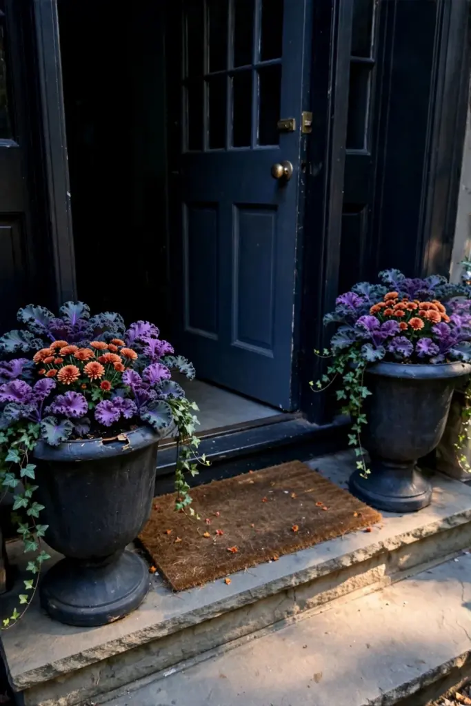 Matched pair of planted urns flanking a front door