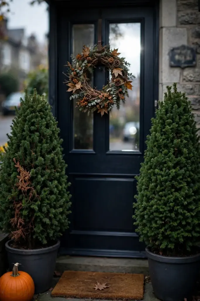 Matched pair of evergreens flanking a front door in autumn