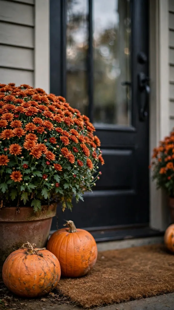 A matched pair of mum and pumpkin groups flanking a front door