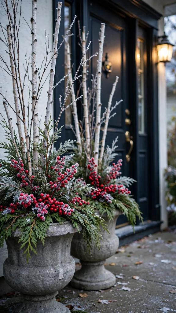 A matched pair of Christmas urns flanking a front door in winter light