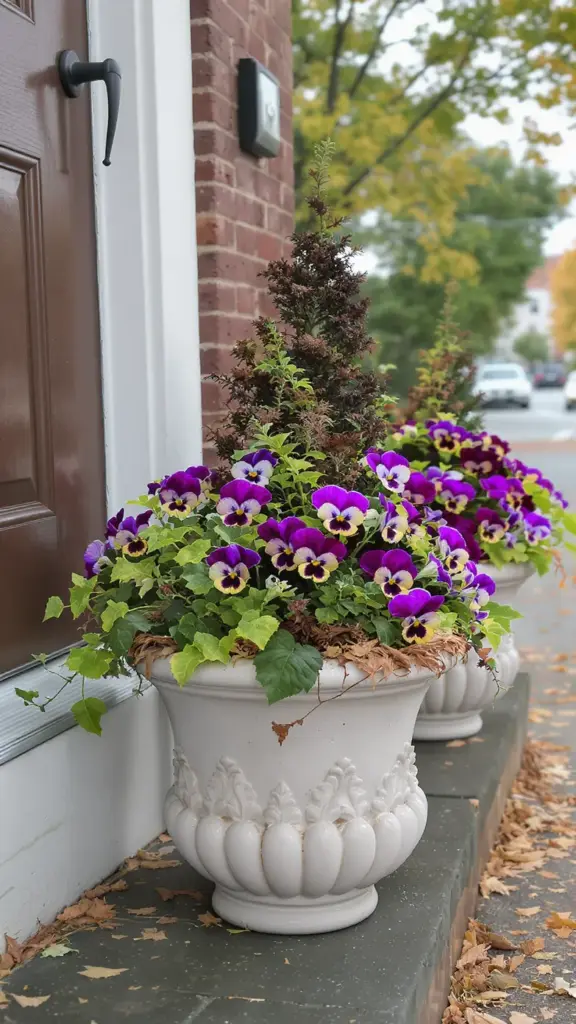 Two matching ceramic planters with pansies and kale flanking a front door