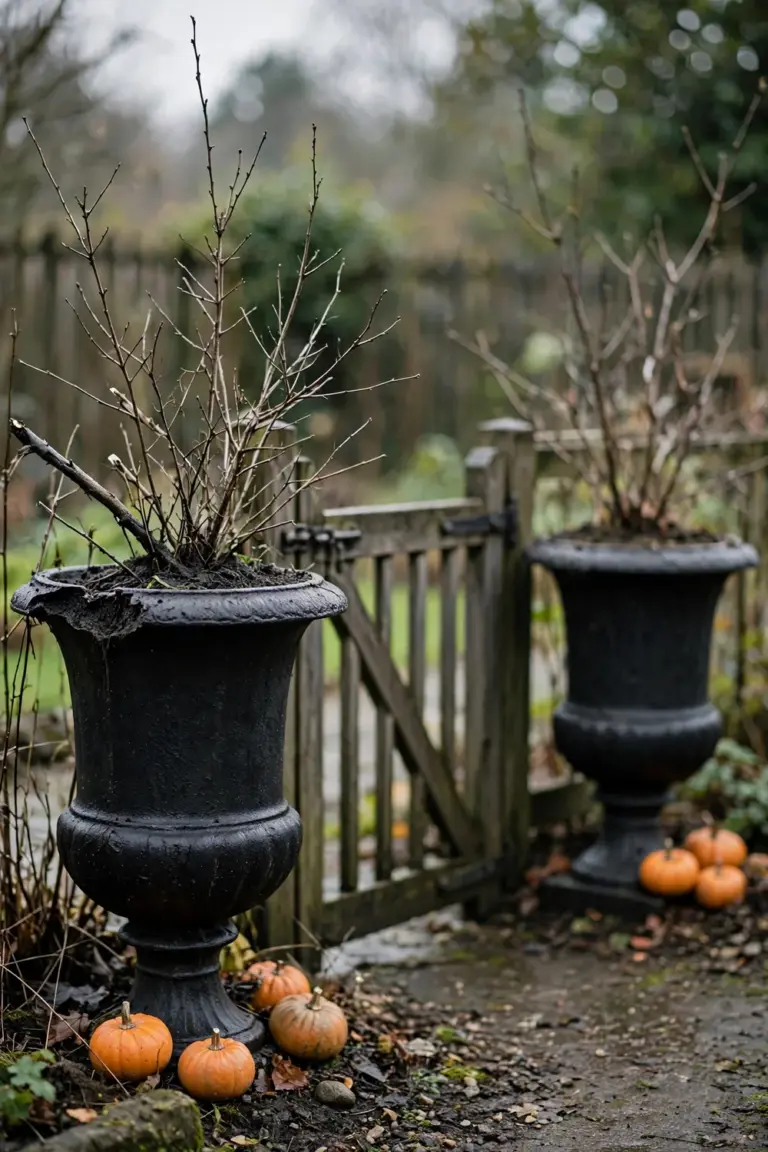Two matching urns with bare branches and small pumpkins flanking both sides of a garden gate