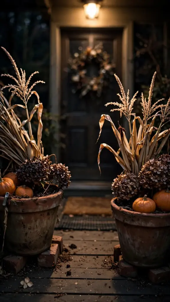 Two matching terracotta planters with corn stalks and pumpkins flanking a door