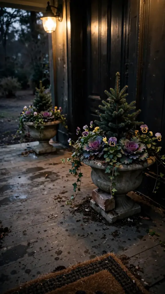Matching ceramic urns on either side of a front door with kale, pansies, and trailing ivy