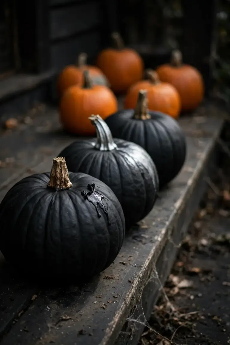 Matte black painted pumpkins in a row on a dark porch beside orange pumpkins