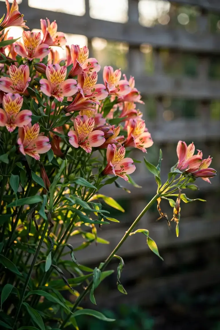 Mature alstroemeria clump covered in streaked pink and orange blooms