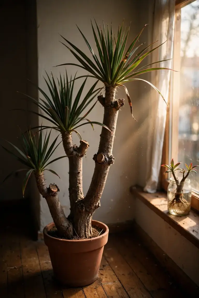 Mature multi-branched dragon tree with three canes in a living room corner