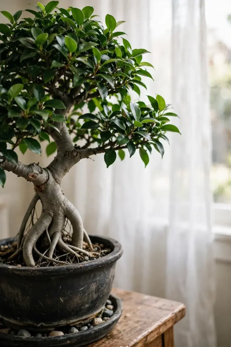 Mature ficus bonsai with thick trunk and dense canopy thriving indoors