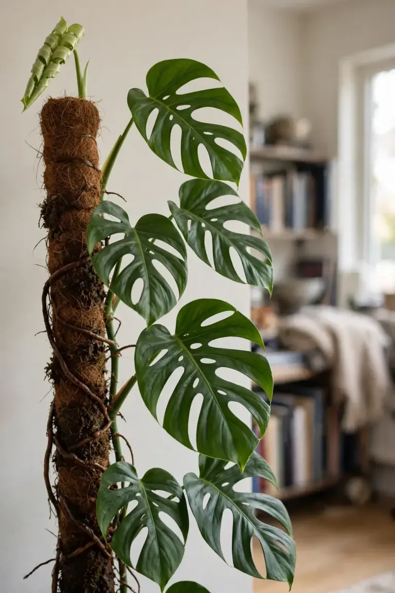 Mature monstera climbing a moss pole with fully fenestrated leaves