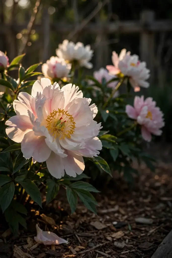 Mature peony clump in full bloom in a garden bed