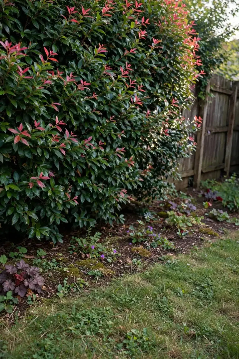 Mature evergreen privacy screen filling a fence line from ground to above the fence