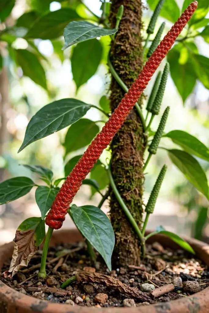 Mature potted Javanese long pepper vine with several fruit spikes on a moss pole