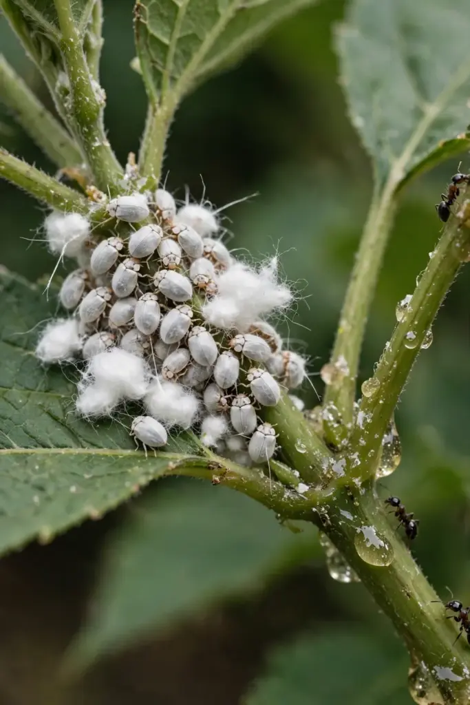 White cottony mealybug colony tucked into a leaf joint with waxy filaments
