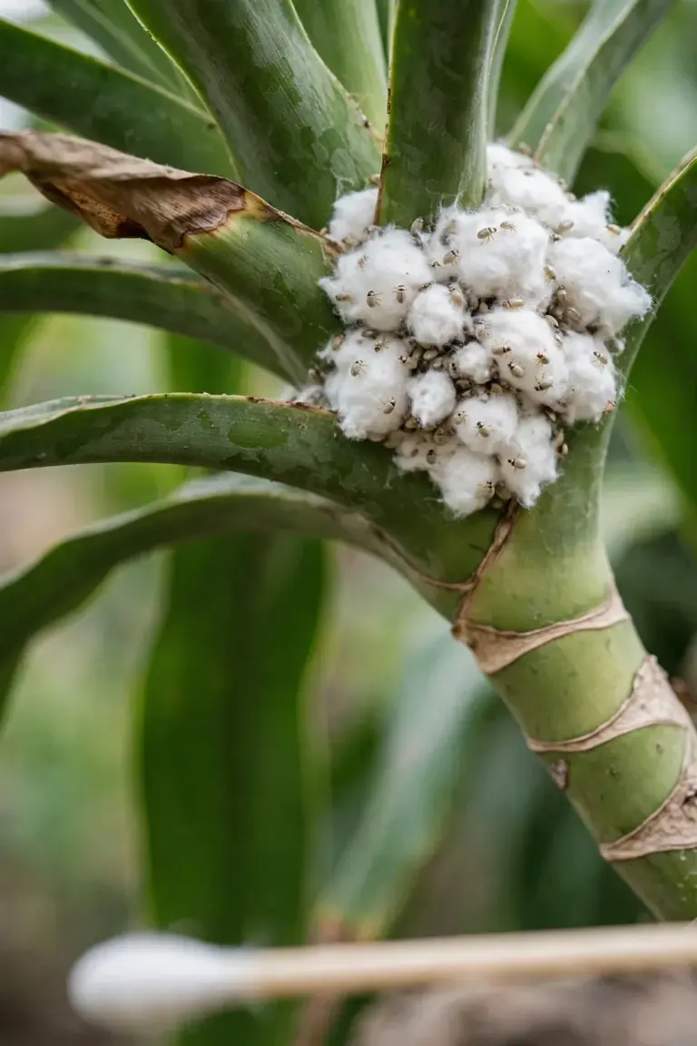 White cottony mealybug clusters where a corn plant leaf meets the cane