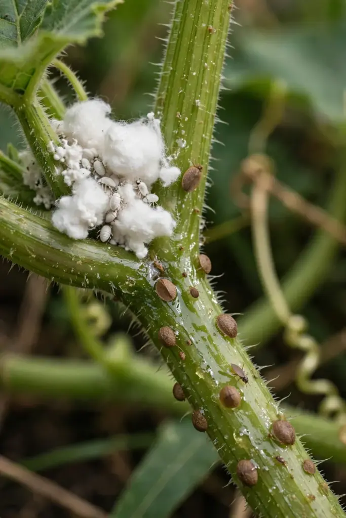 White mealybug clumps in a pumpkin leaf joint beside scale bumps