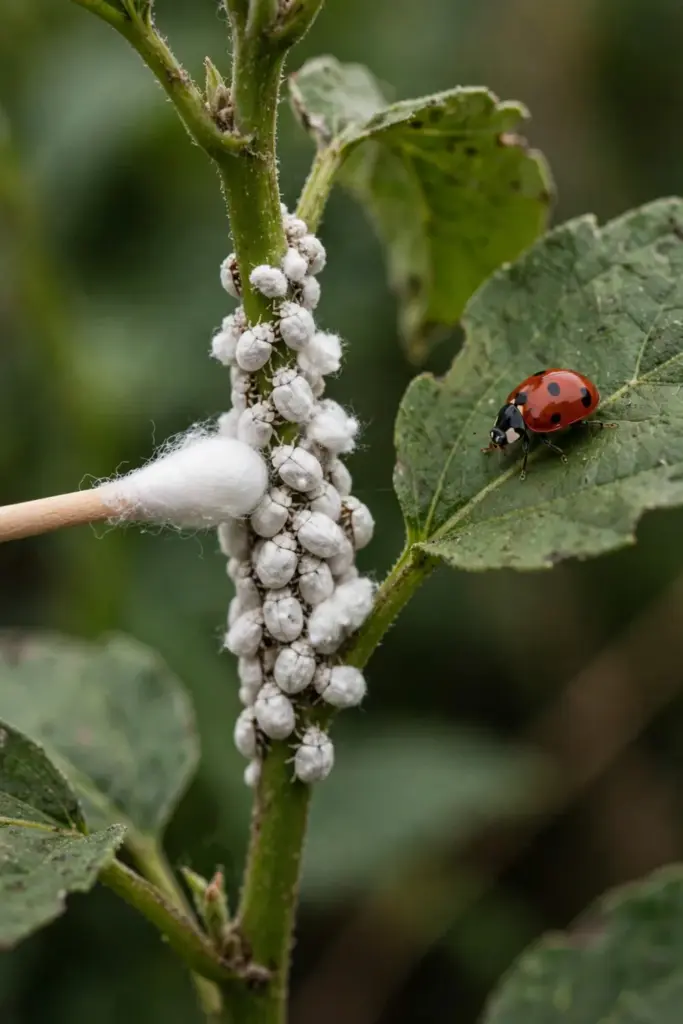 Cotton bud dabbing a mealybug colony while a lady beetle walks a nearby leaf